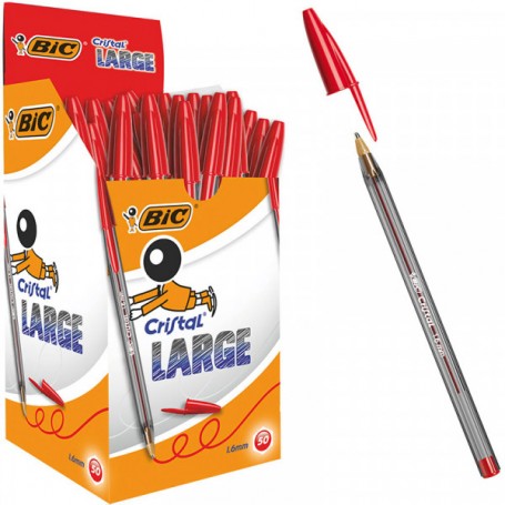 BIC Penne Rosse a Sfera, Cristal Large, Punta Media, 1.6 mm, Confezione 50 Penne, Fornitura per Cancelleria Scuola e Ufficio