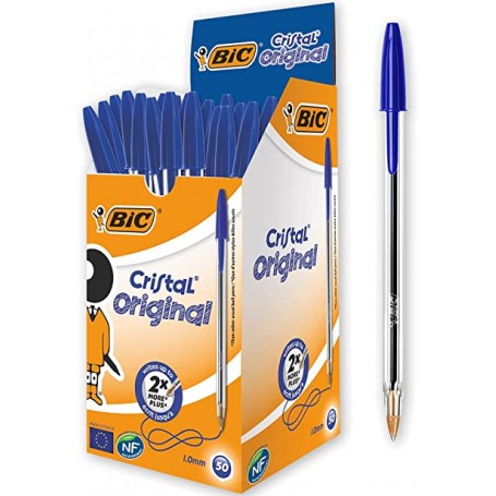 BIC Cristal Original, Penne Blu a Sfera, Punta Media, 1 mm, Confezione 50 Penne, Fornitura per Cancelleria Scuola e Ufficio