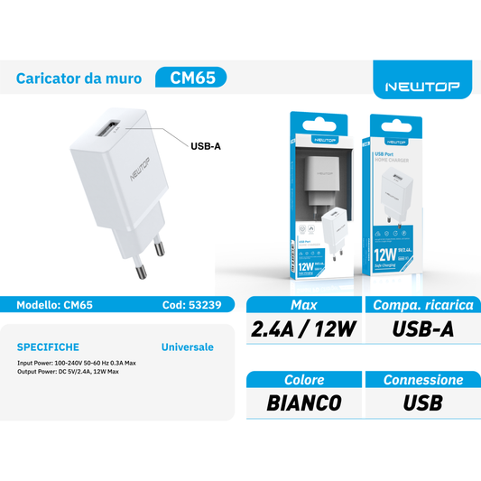 NEWTOP CM65 CARICATORE DA MURO 1USB 5V 2.4A 8059822532390