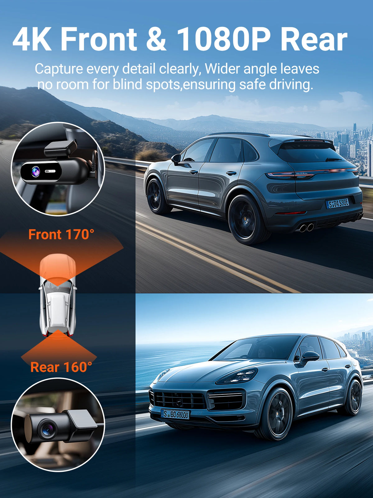Dash Cam for Cas 4K UHD Recording Front Rear Car Camera HDR Night Vision Recorder Built in Wi-Fi Parking Mode
