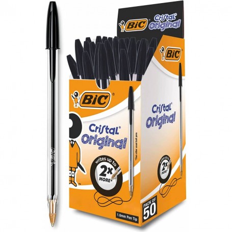 BIC Cristal Original, Penne Nere a Sfera, Punta Media, 1 mm, Confezione 50 Penne, Fornitura per Cancelleria Scuola e Ufficio
